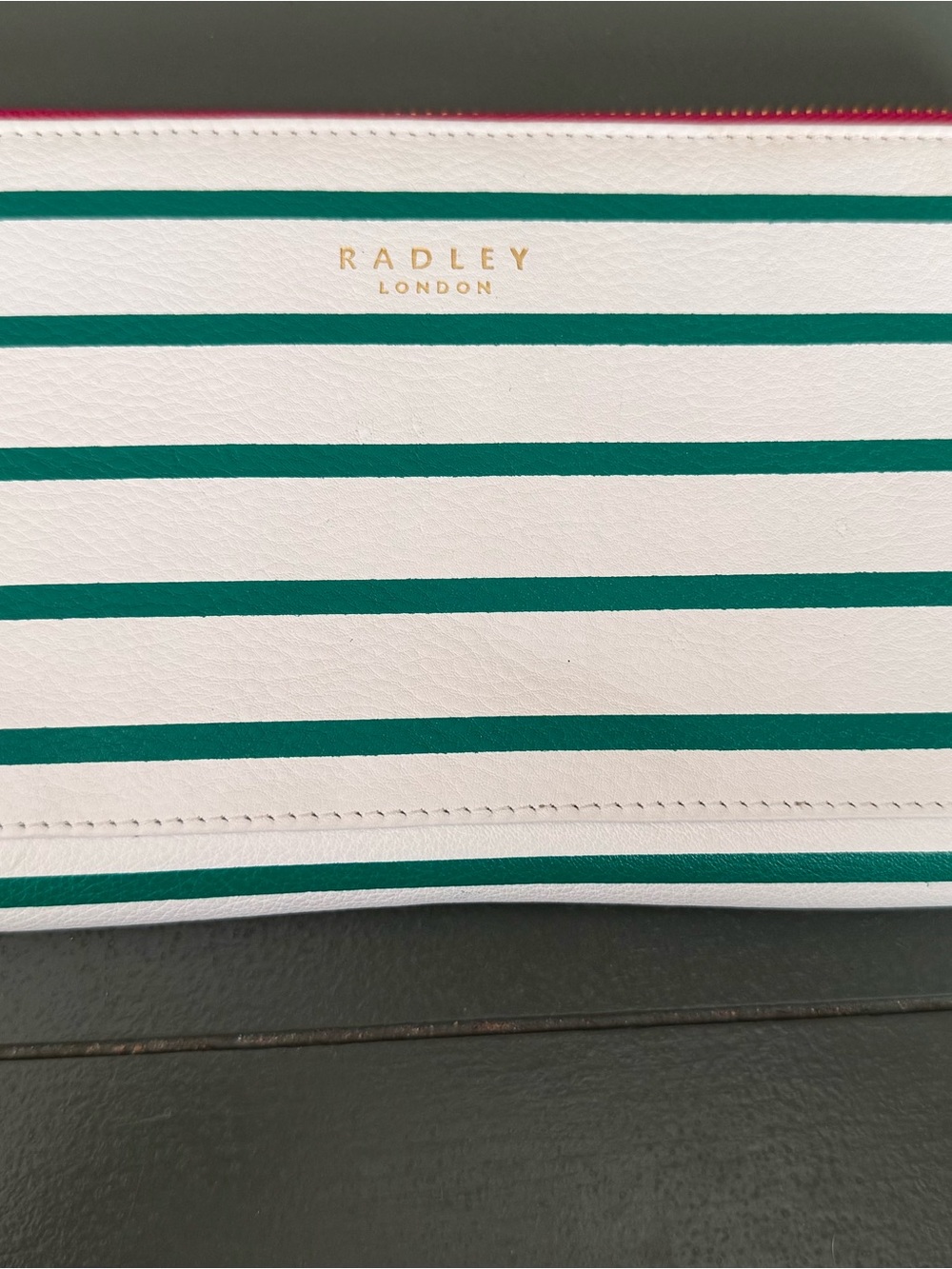 RADLEY LONDON White & Green Striped Cosmetic Pouch with Pink Zip
